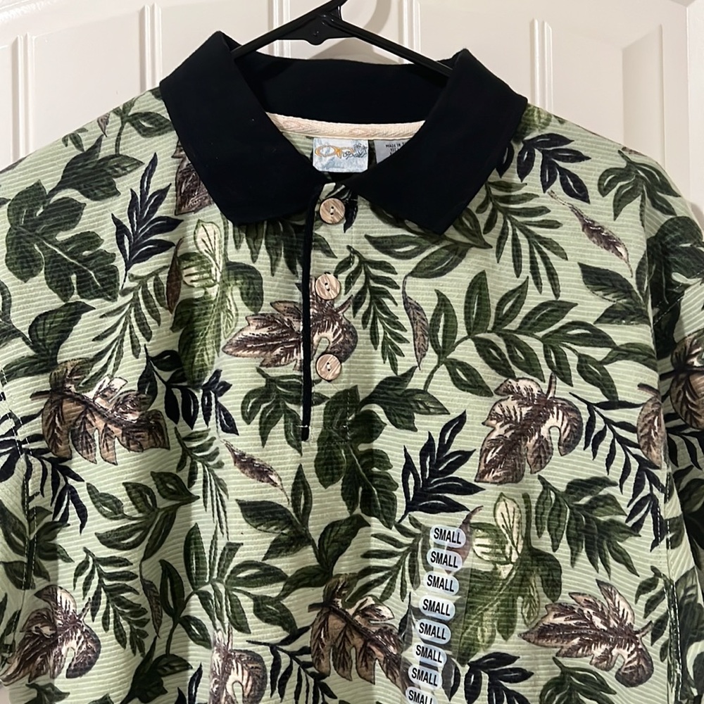 OP Sport Men’s Polo Shirt Green Black Floral Contrast Collar 100% Cotton Size S
